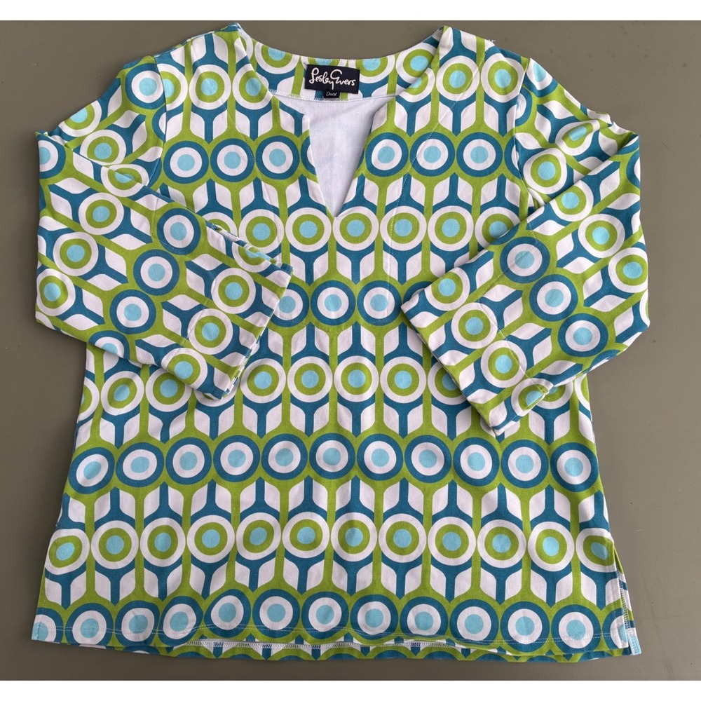 Lesley Evers Womens Cotton OneX Tunic Top Retro Geometric Print Green Blue 1X
